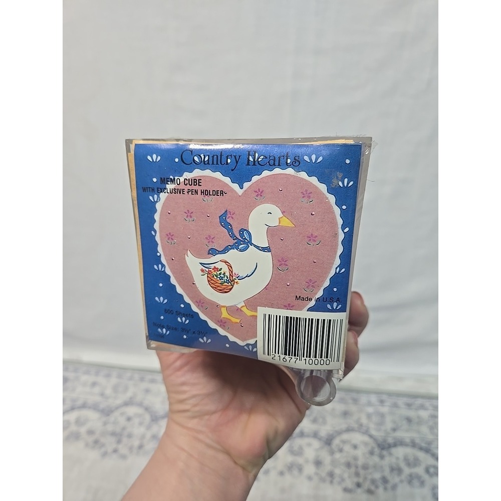 Vtg Country Hearts Goose MEMO CUBE Clear w/Pen Holder 600 Notes 3.5"x3.5" USA